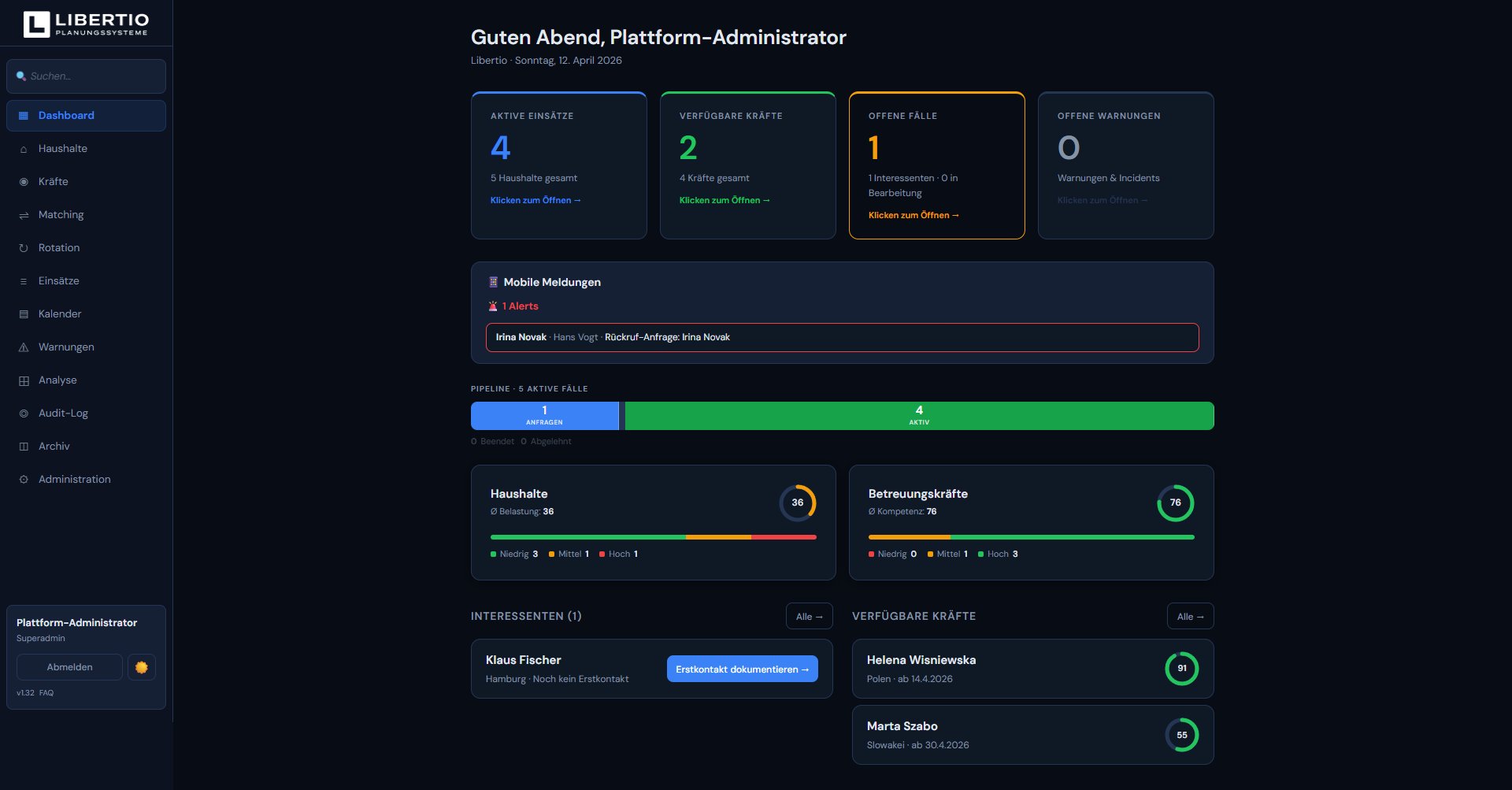 Libertio Dashboard — Übersicht über aktive Einsätze, verfügbare Kräfte und Pipeline