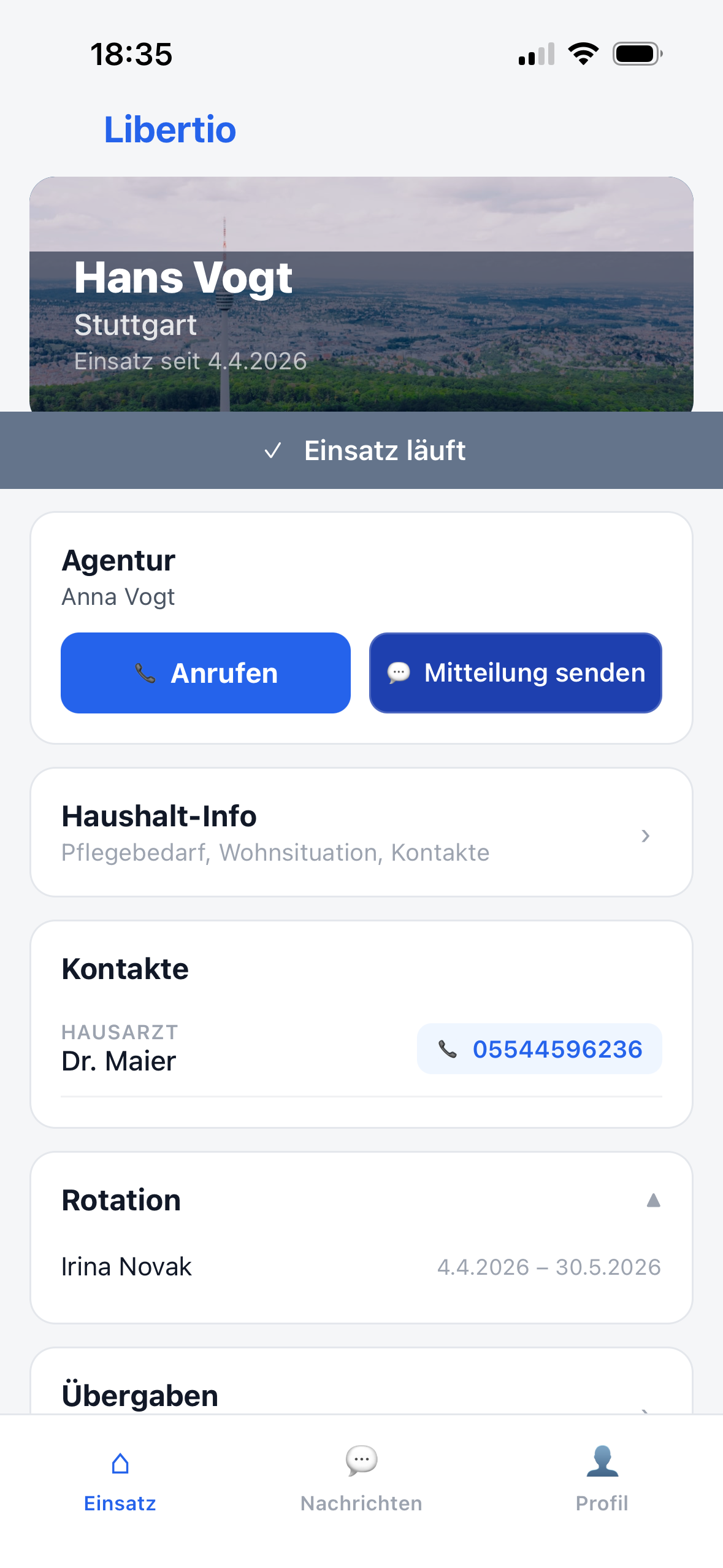 Libertio App — Einsatzübersicht mit Haushaltsinformationen